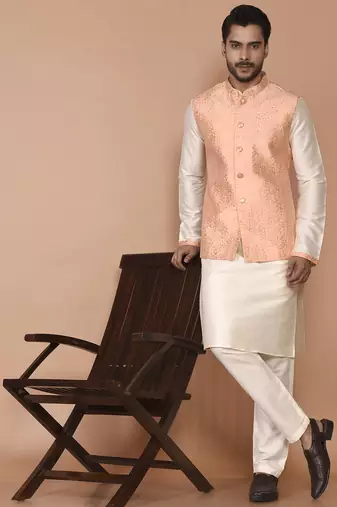 Men's woven design floral jacquard kurta jacket set