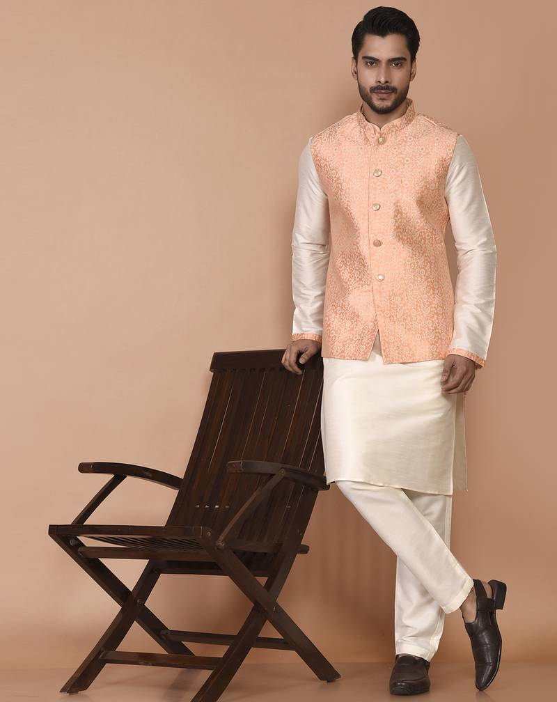 Men's woven design floral jacquard kurta jacket set