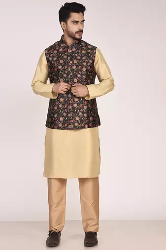 Men's printed silk kurta jacket set