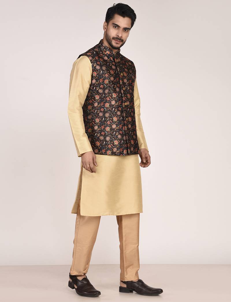 Men's printed silk kurta jacket set