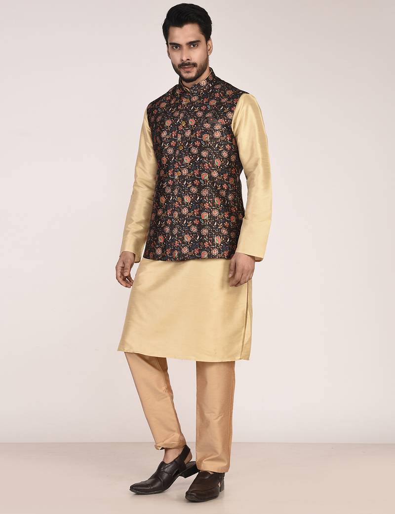 Men's printed silk kurta jacket set