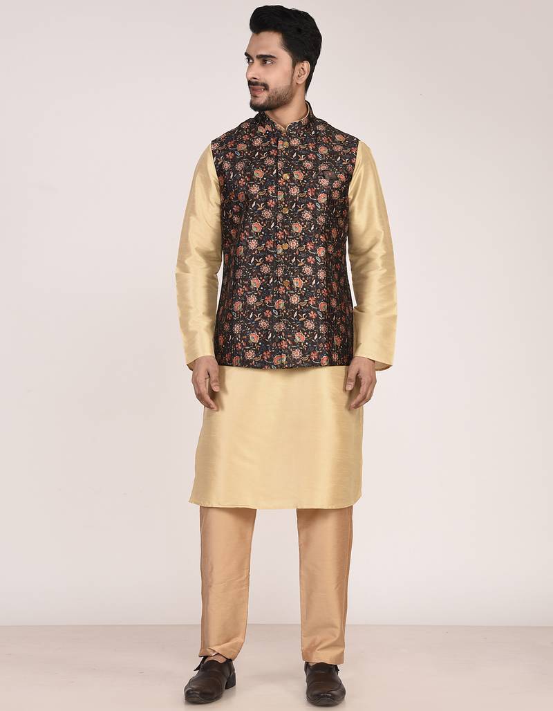 Men's printed silk kurta jacket set