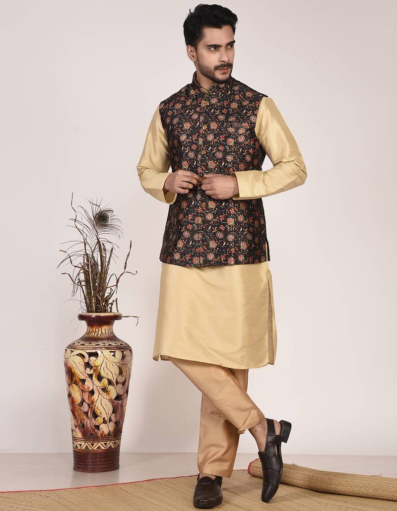 Men's printed silk kurta jacket set