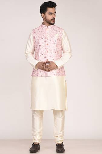 Men’s printed silk kurta jacket set with embroidery