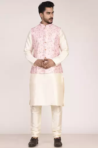 Men’s printed silk kurta jacket set with embroidery
