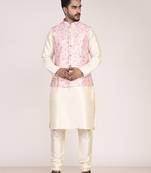 Men’s printed silk kurta jacket set with embroidery