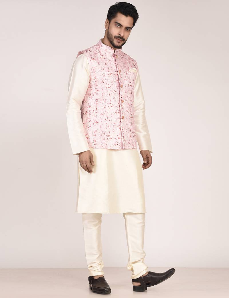 Men’s printed silk kurta jacket set with embroidery