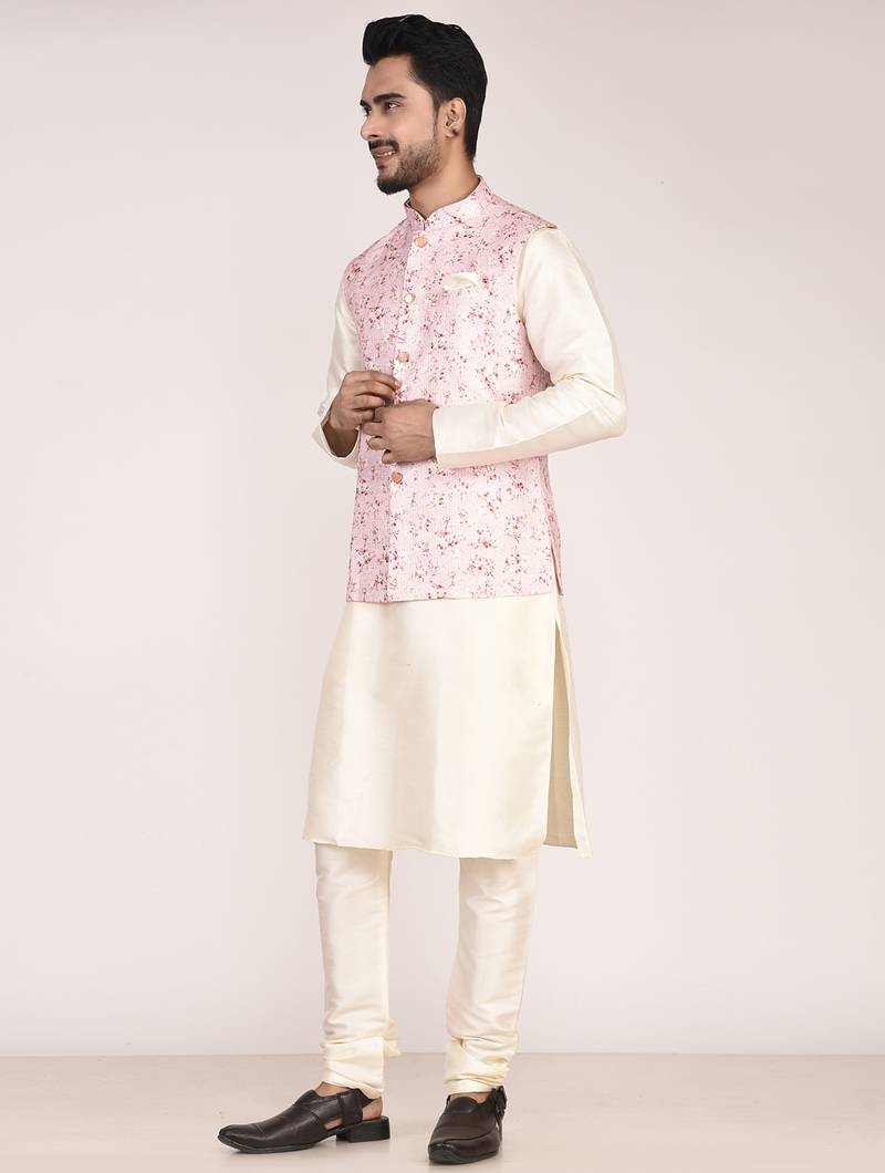 Men’s printed silk kurta jacket set with embroidery