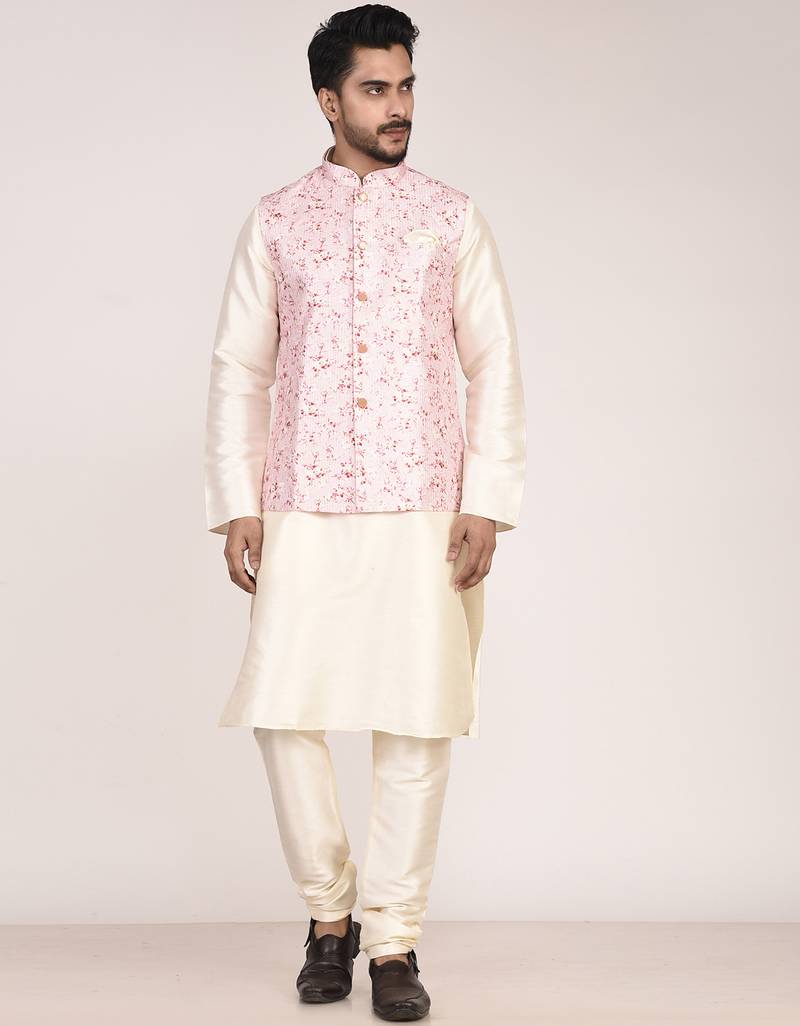 Men’s printed silk kurta jacket set with embroidery