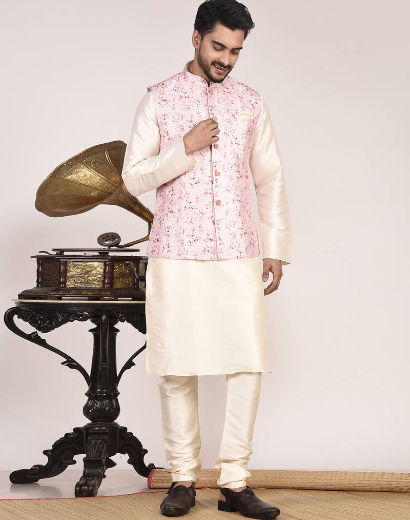 Men’s printed silk kurta jacket set with embroidery