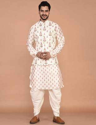 Men's printed silk kurta jacket set 1