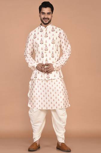 Men's printed silk kurta jacket set