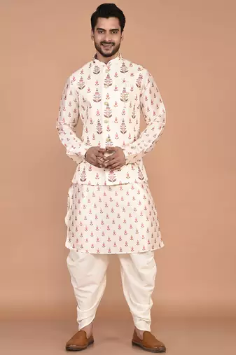 Men's printed silk kurta jacket set
