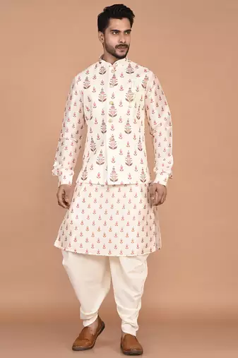 Men's printed silk kurta jacket set