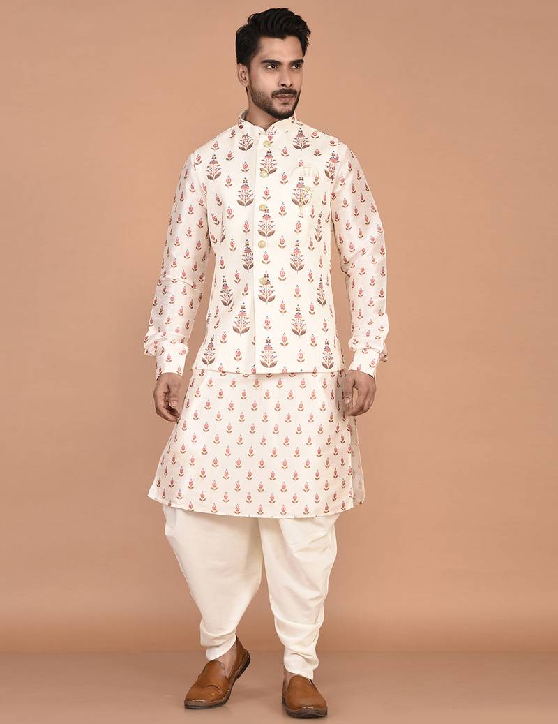 Men's printed silk kurta jacket set