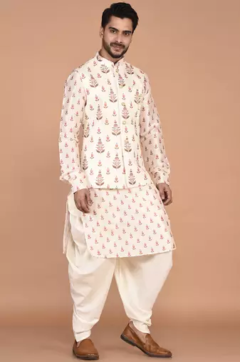 Men's printed silk kurta jacket set