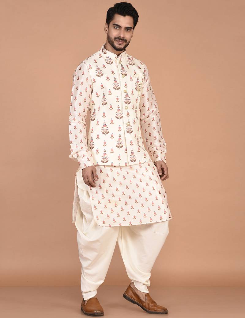 Men's printed silk kurta jacket set
