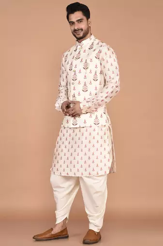 Men's printed silk kurta jacket set