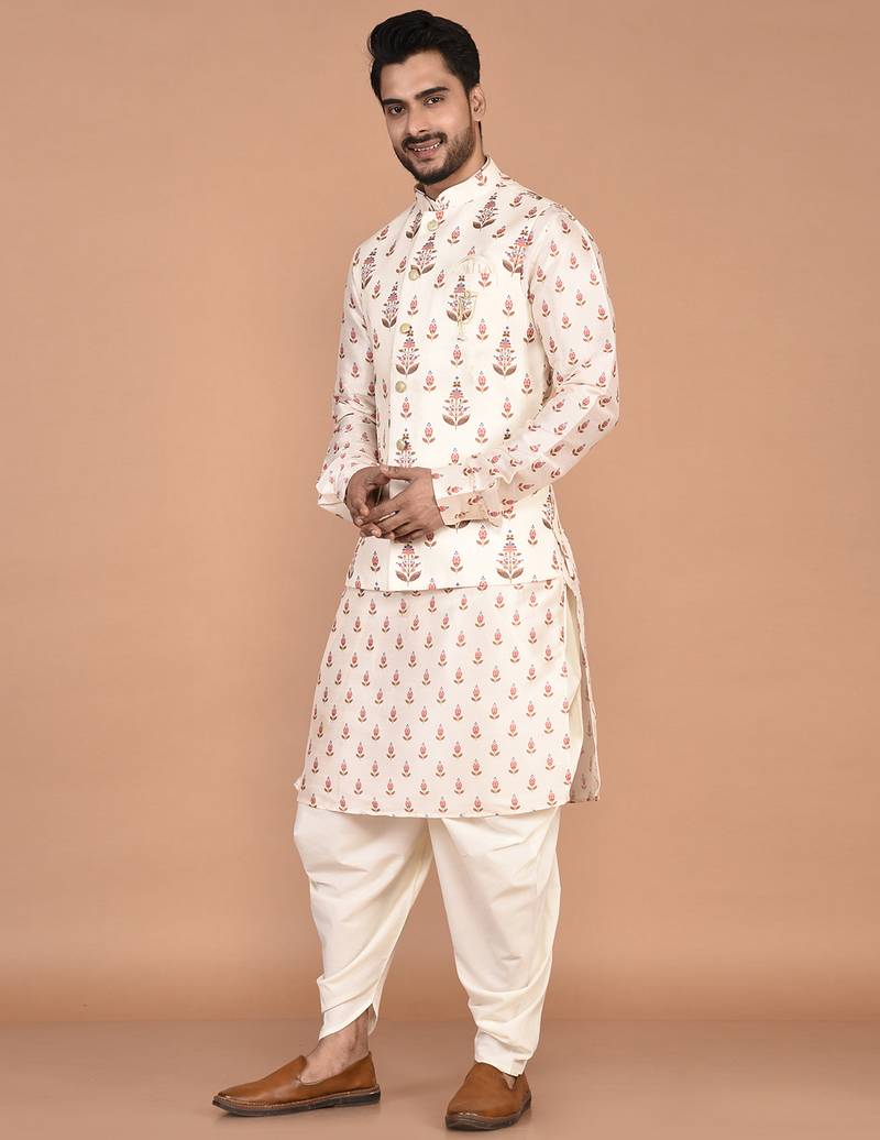 Men's printed silk kurta jacket set