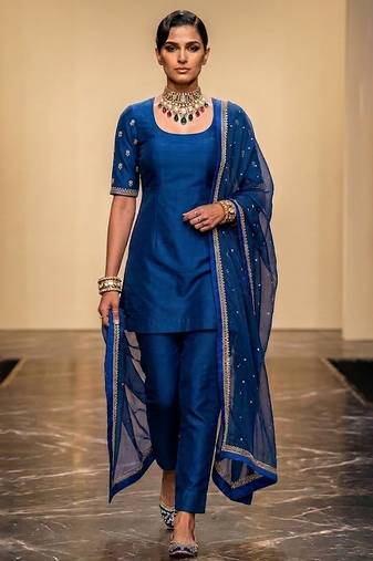 Blue embroidered dupion silk kurta set