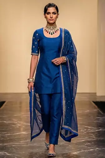 Blue embroidered dupion silk kurta set