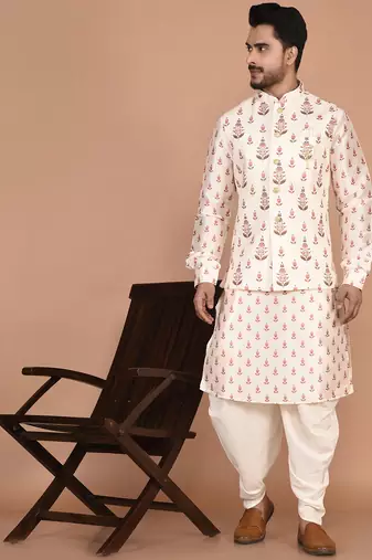 Men's printed silk kurta jacket set