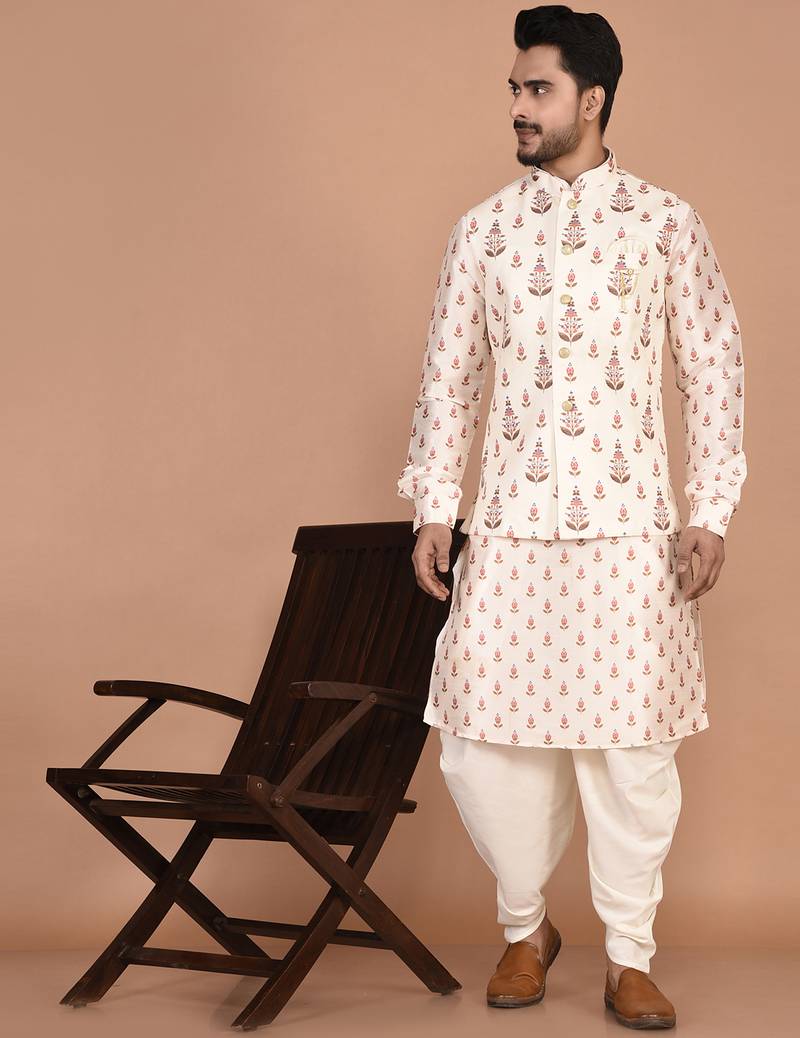 Men's printed silk kurta jacket set