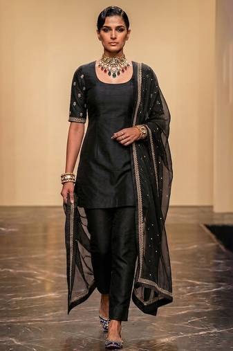 Black embroidered dupion silk kurta set