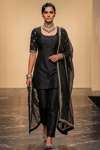 Black embroidered dupion silk kurta set