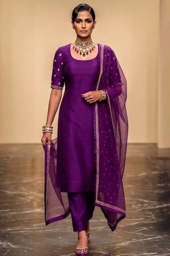 Purple embroidered dupion silk kurta set
