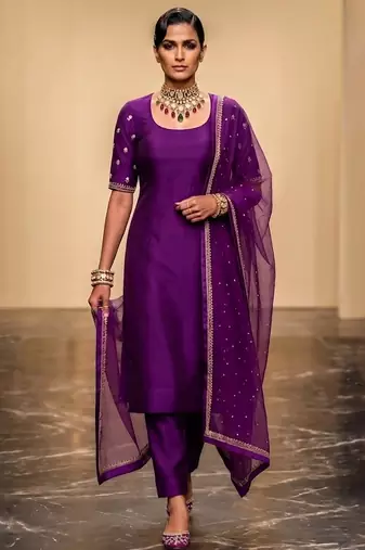 Purple embroidered dupion silk kurta set