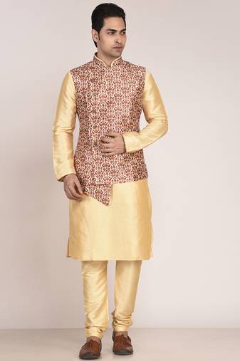 Men's printed silk kurta jacket set