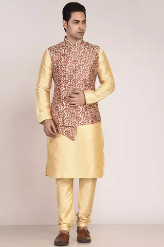 Men's printed silk kurta jacket set