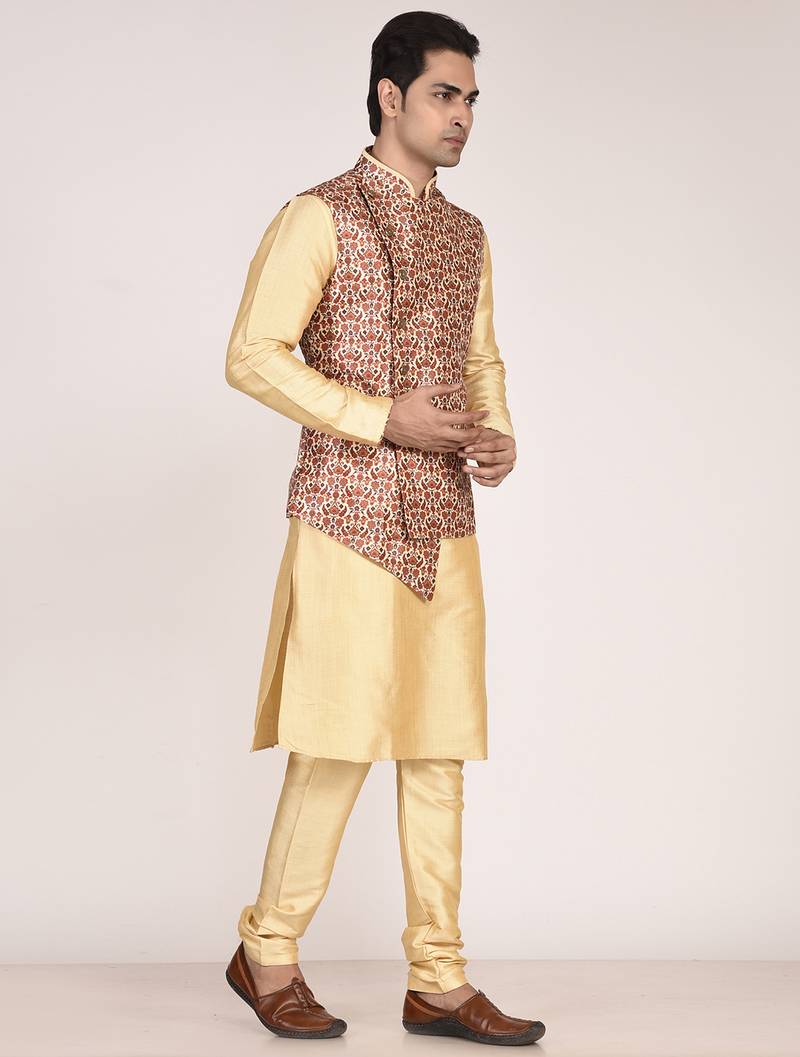 Men's printed silk kurta jacket set