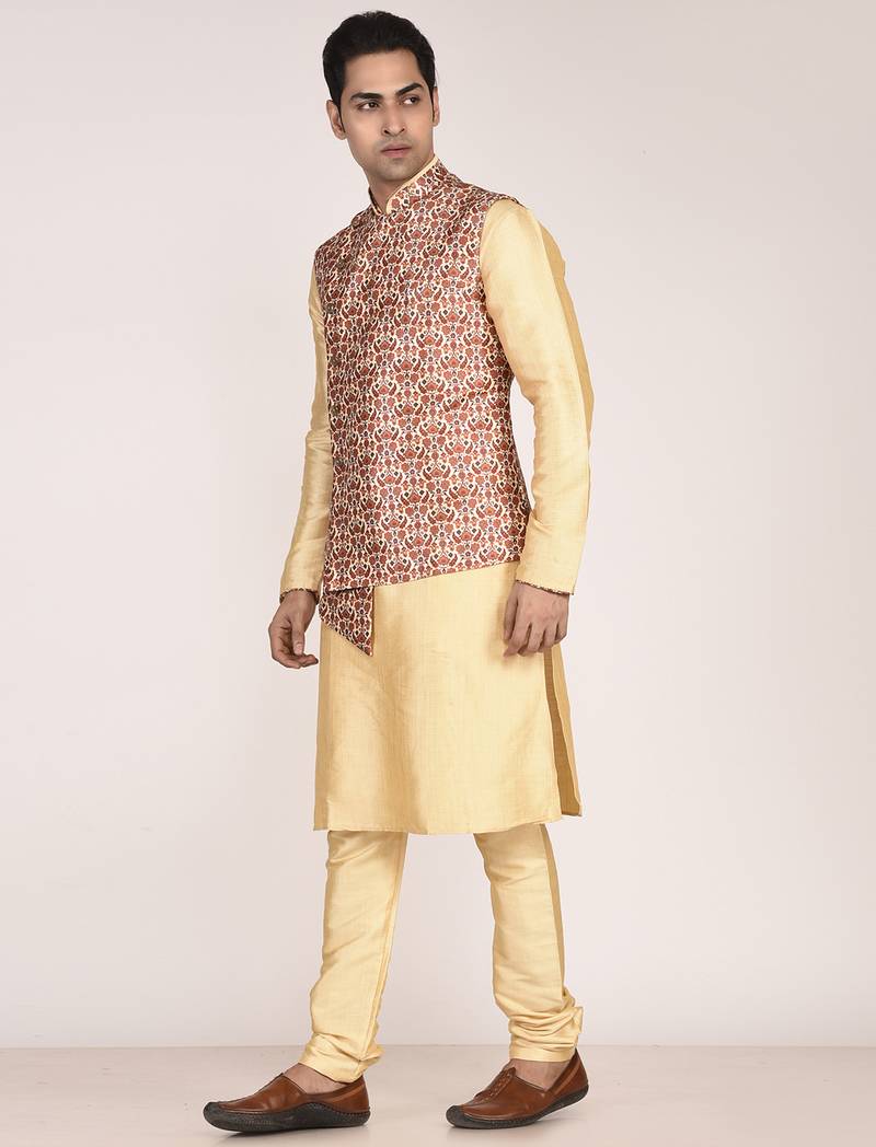 Men's printed silk kurta jacket set