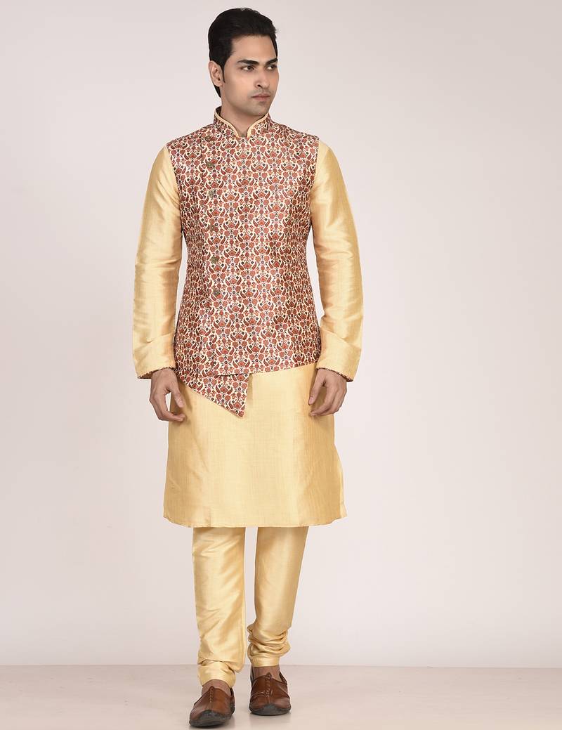 Men's printed silk kurta jacket set