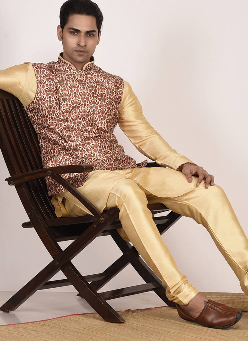 Men's printed silk kurta jacket set