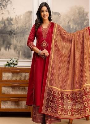 Floral printed cotton v neck red kurta trouser & dupatta set 1
