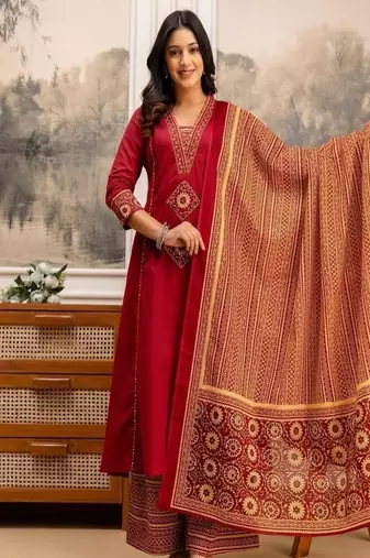 Floral printed cotton v neck red  kurta trouser & dupatta set