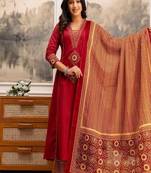 Floral printed cotton v neck red  kurta trouser & dupatta set