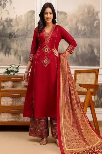 Floral printed cotton v neck red  kurta trouser & dupatta set