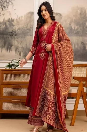 Floral printed cotton v neck red  kurta trouser & dupatta set