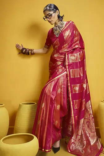 Red color satin silk blend handloom weaving saree