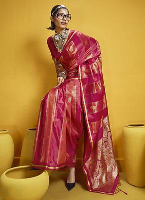 Red color satin silk blend handloom weaving saree 2