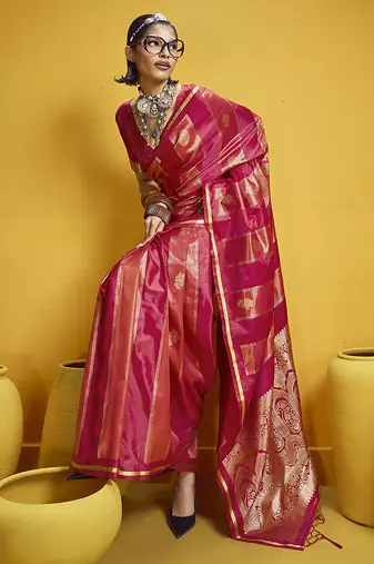 Red color satin silk blend handloom weaving saree