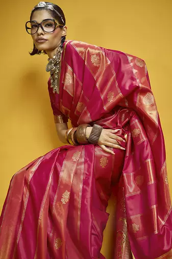 Red color satin silk blend handloom weaving saree