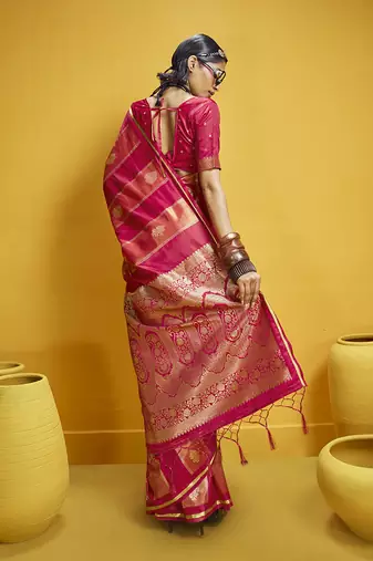 Red color satin silk blend handloom weaving saree