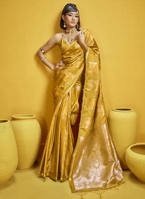 Mustard yellow color satin silk blend handloom weaving saree 1