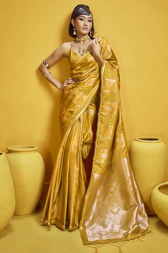 Mustard yellow color satin silk blend handloom weaving saree