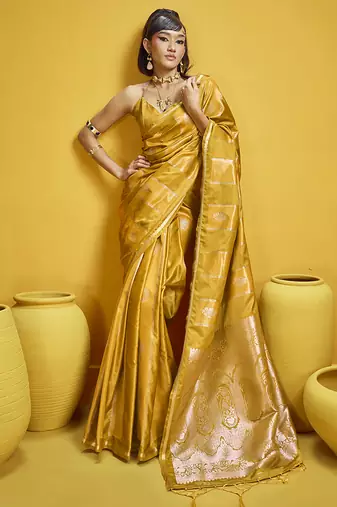 Mustard yellow color satin silk blend handloom weaving saree